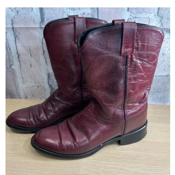 Vintage Old West Men's Western Burgundy Leather Roper Cowboy Boots Size 8.5D - Picture 1 of 13
